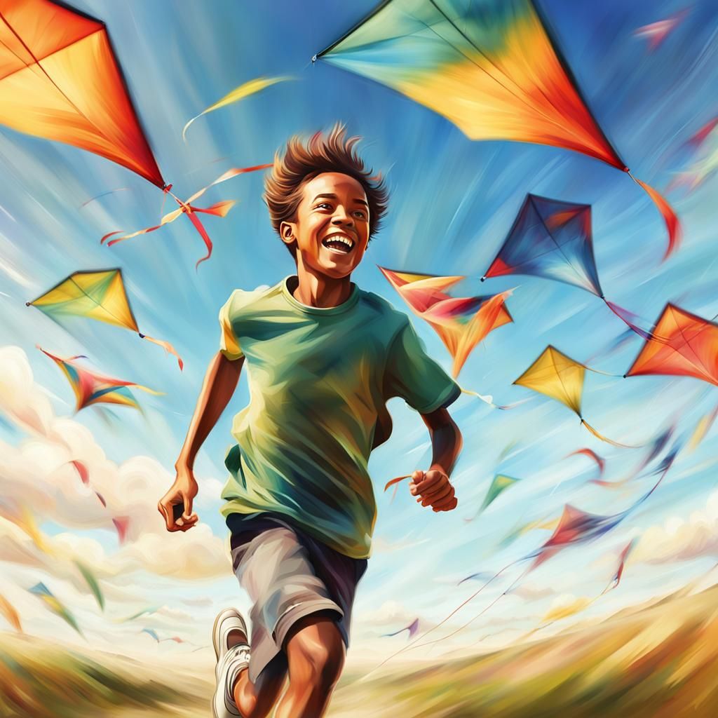 Boy Chasing Kites: Joyful Digital Art