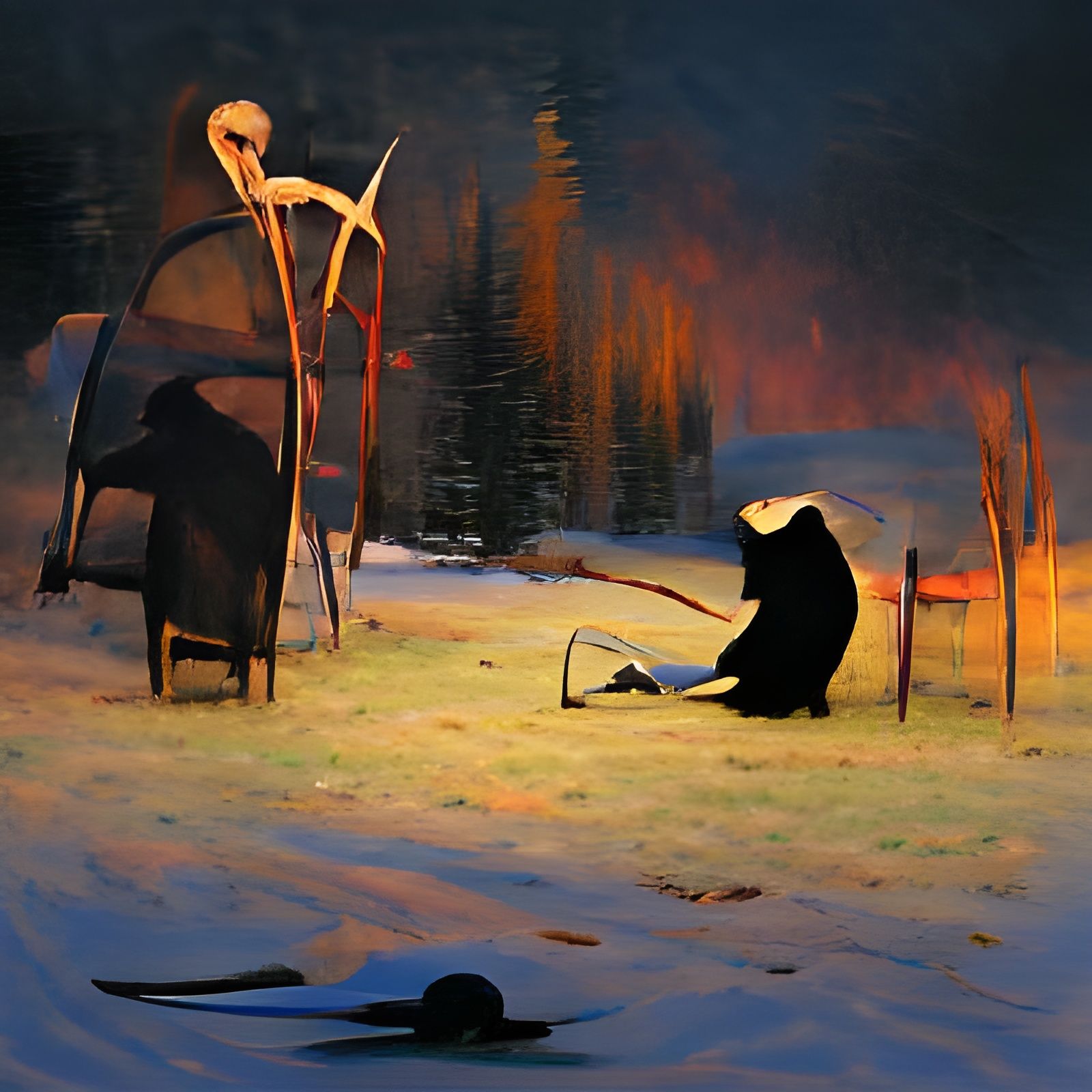 Death and Bear Chat by Campfire in Winter