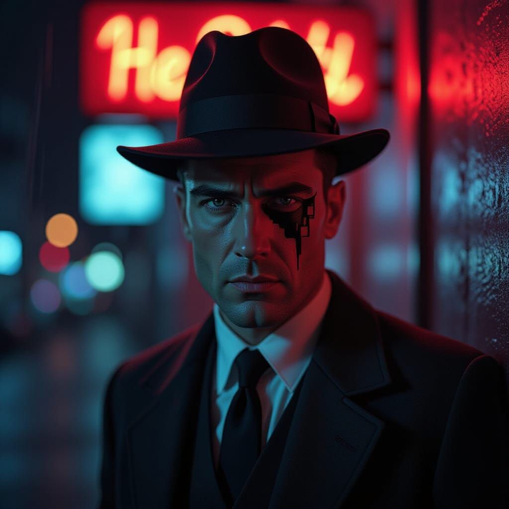 Weary Detective in Film Noir Glitch Art Style