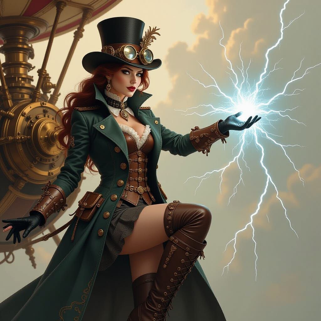 Steampunk Sorceress Charges Flying Machine