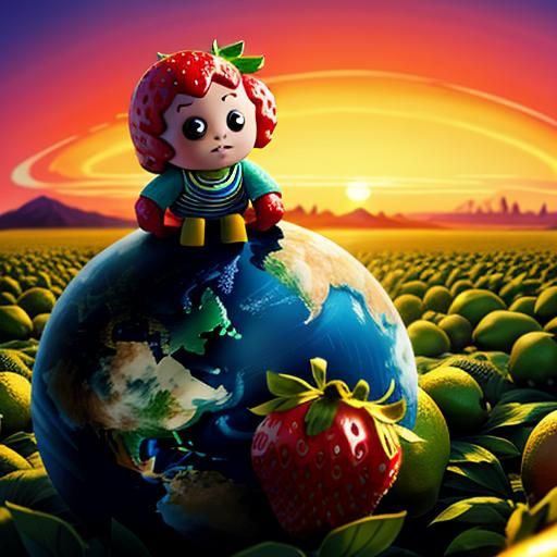 Strawberry Character on Lemon Planet at Sunset