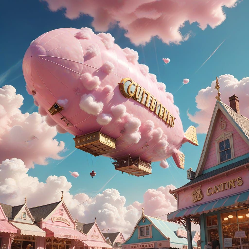 Cotton Candy Shop Airship in Retro Fantasy Advertisement