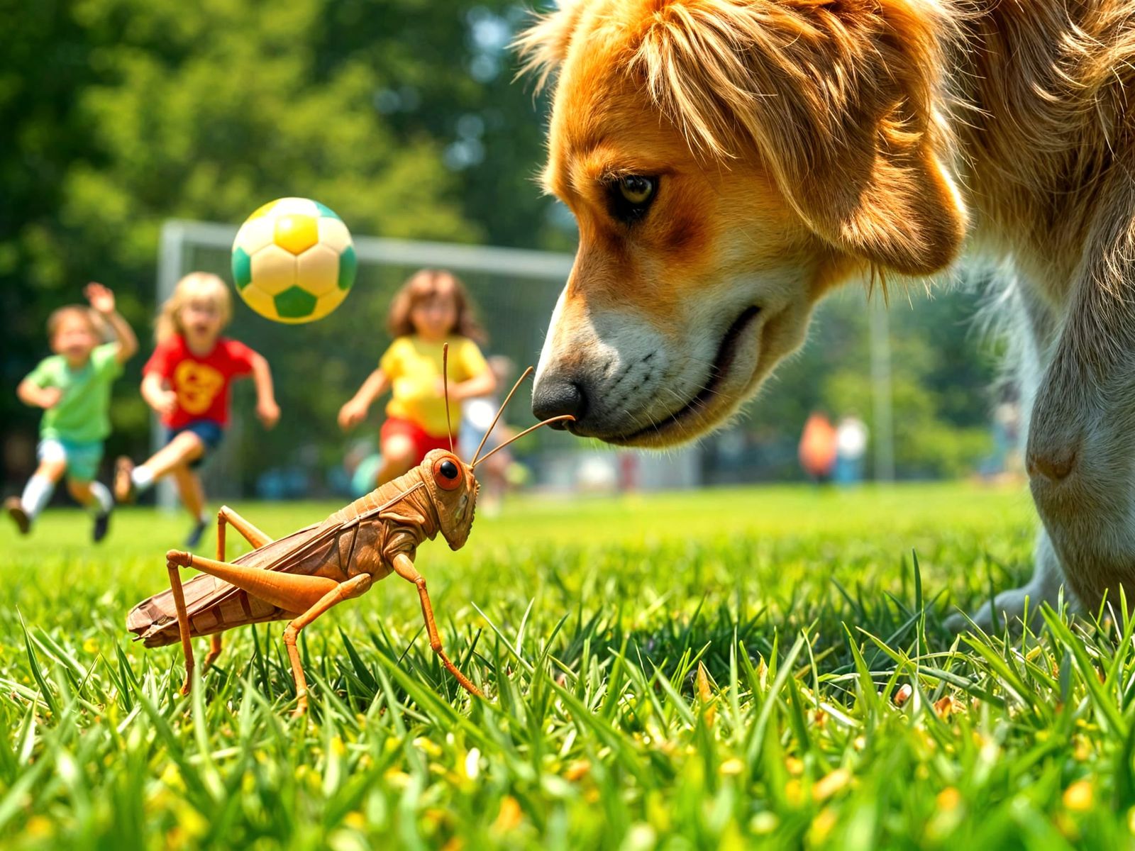 Playful Dog Meets Happy Grasshopper in Vibrant Backyard Scen...