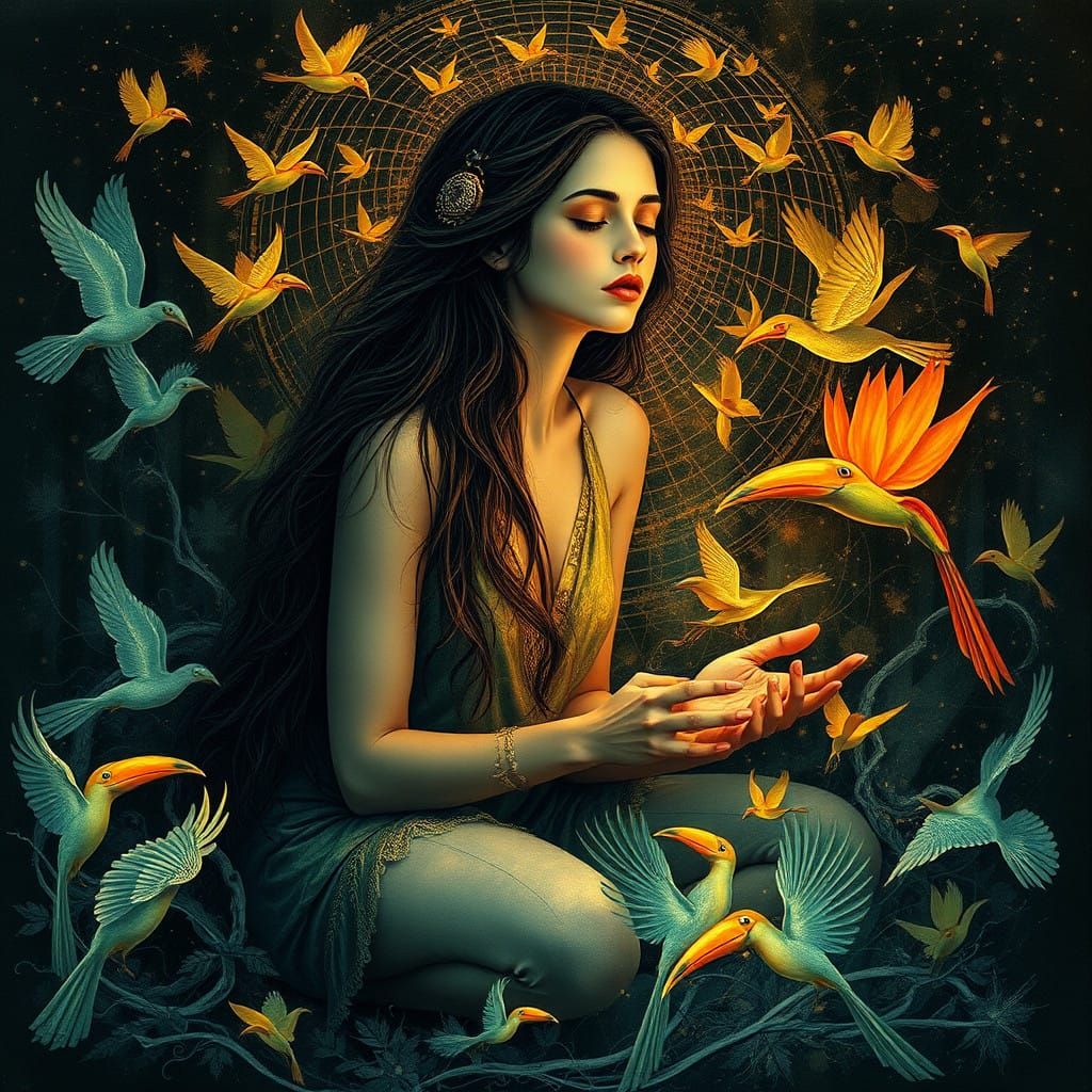 Woman in Serene Meditation with Birds of Paradise in Eastern...