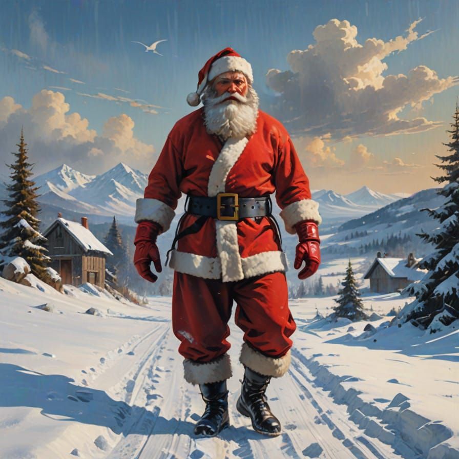 Lonely Santa Boxer in a Snowy Landscape Oil Painting