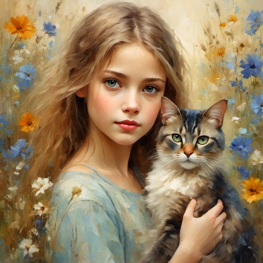 Girl with Cat: Impressionist Portrait