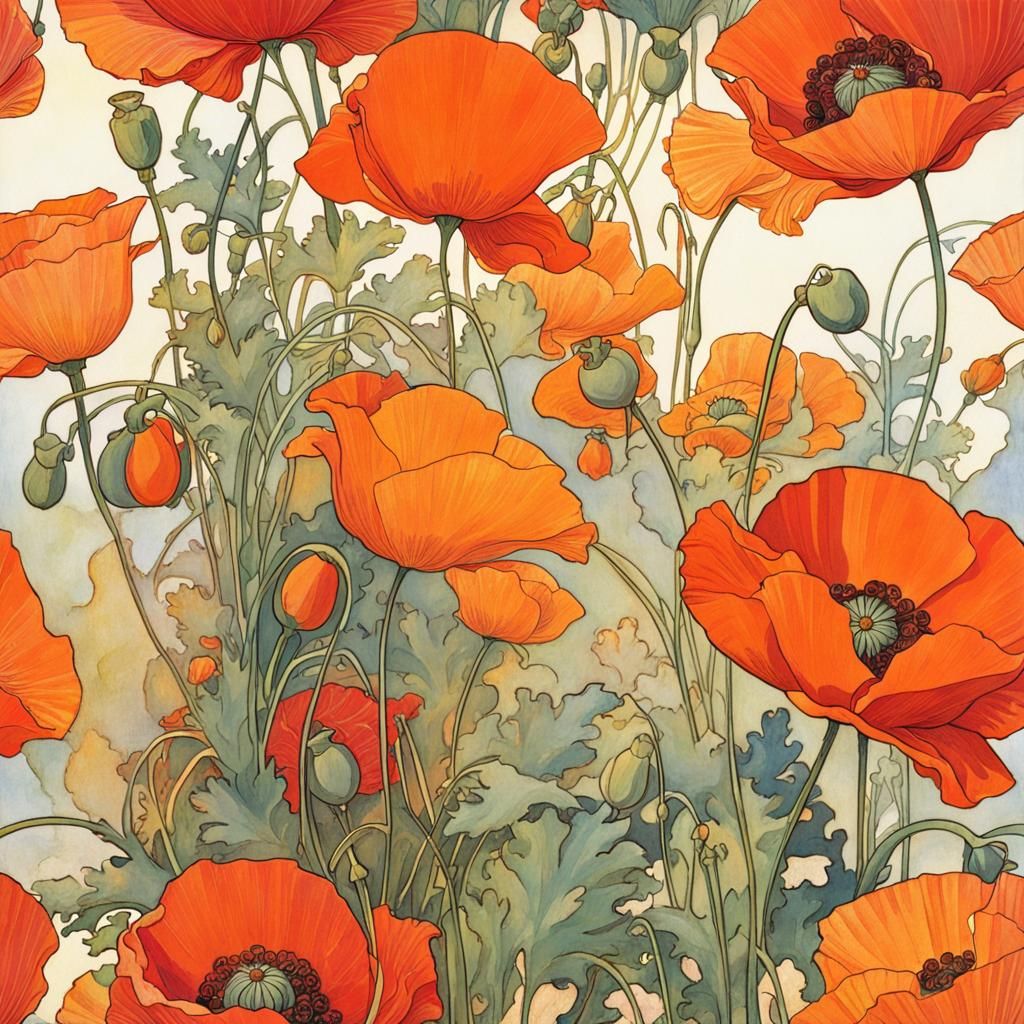 Poppy Field in Art Deco Style