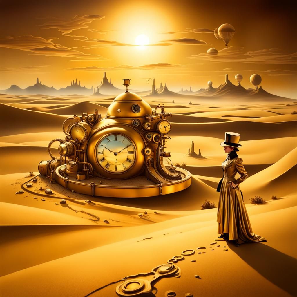 Dreamy Steampunk Desert Sunrise in Dali Style