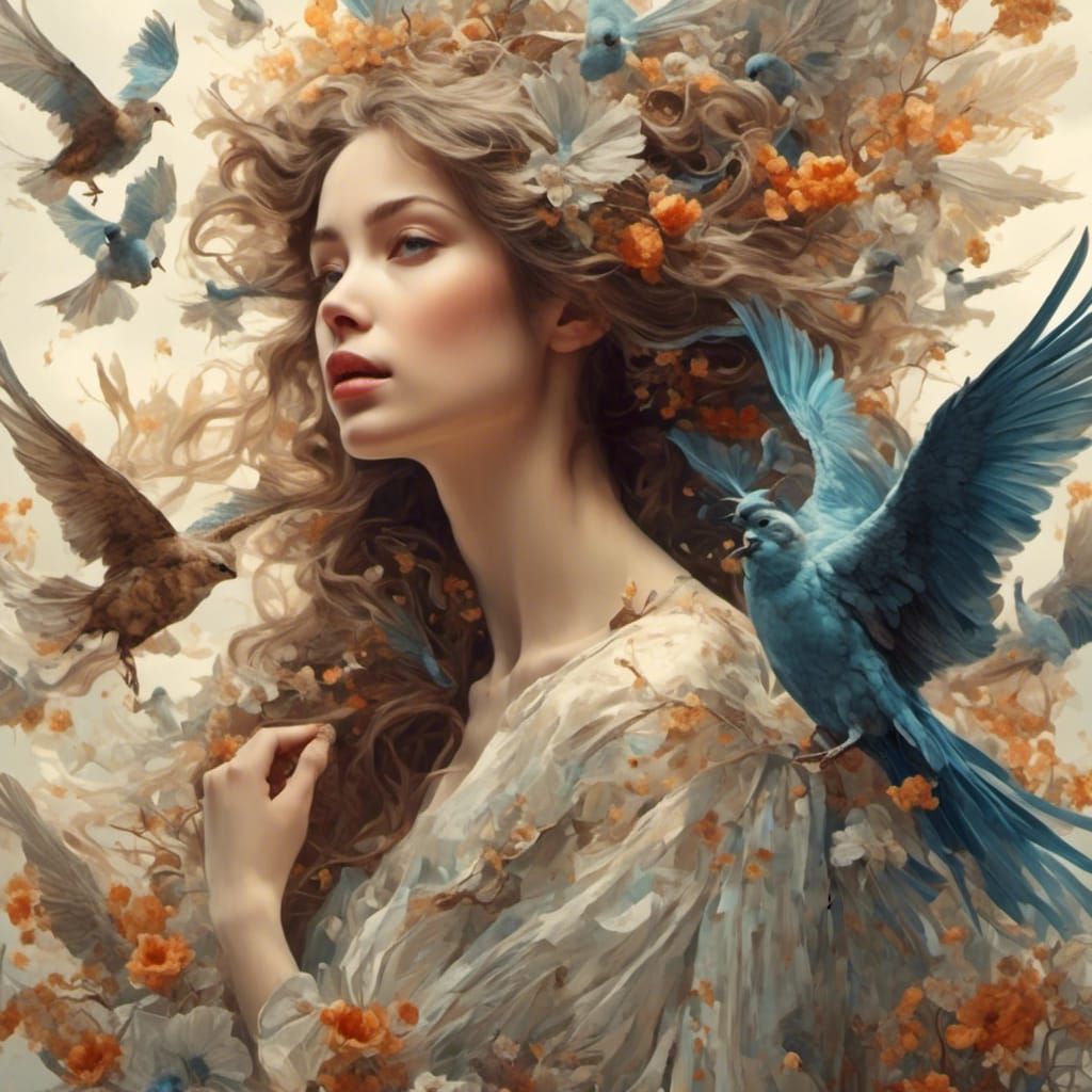 Beautiful Winged Woman Profile in Hyperreal Style