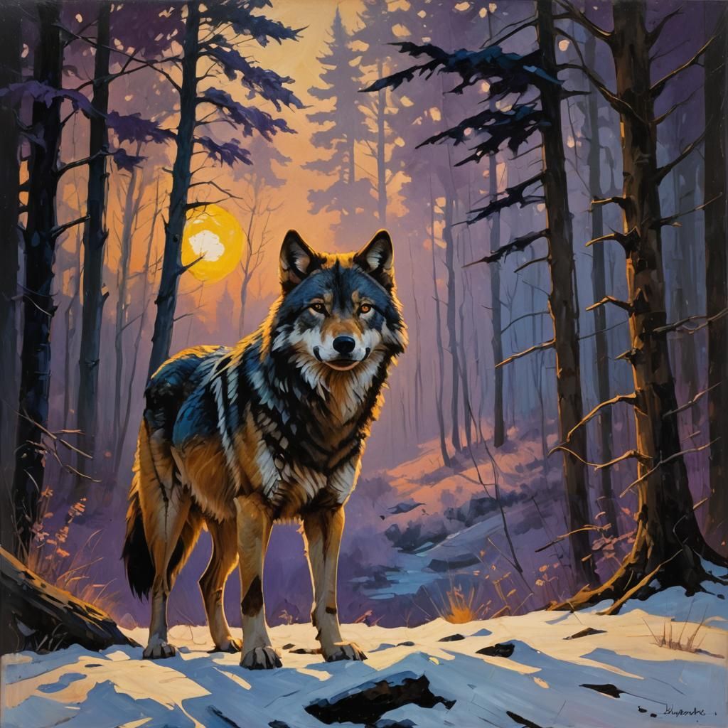 Wolf in Oil Painting Style with Dramatic Lighting