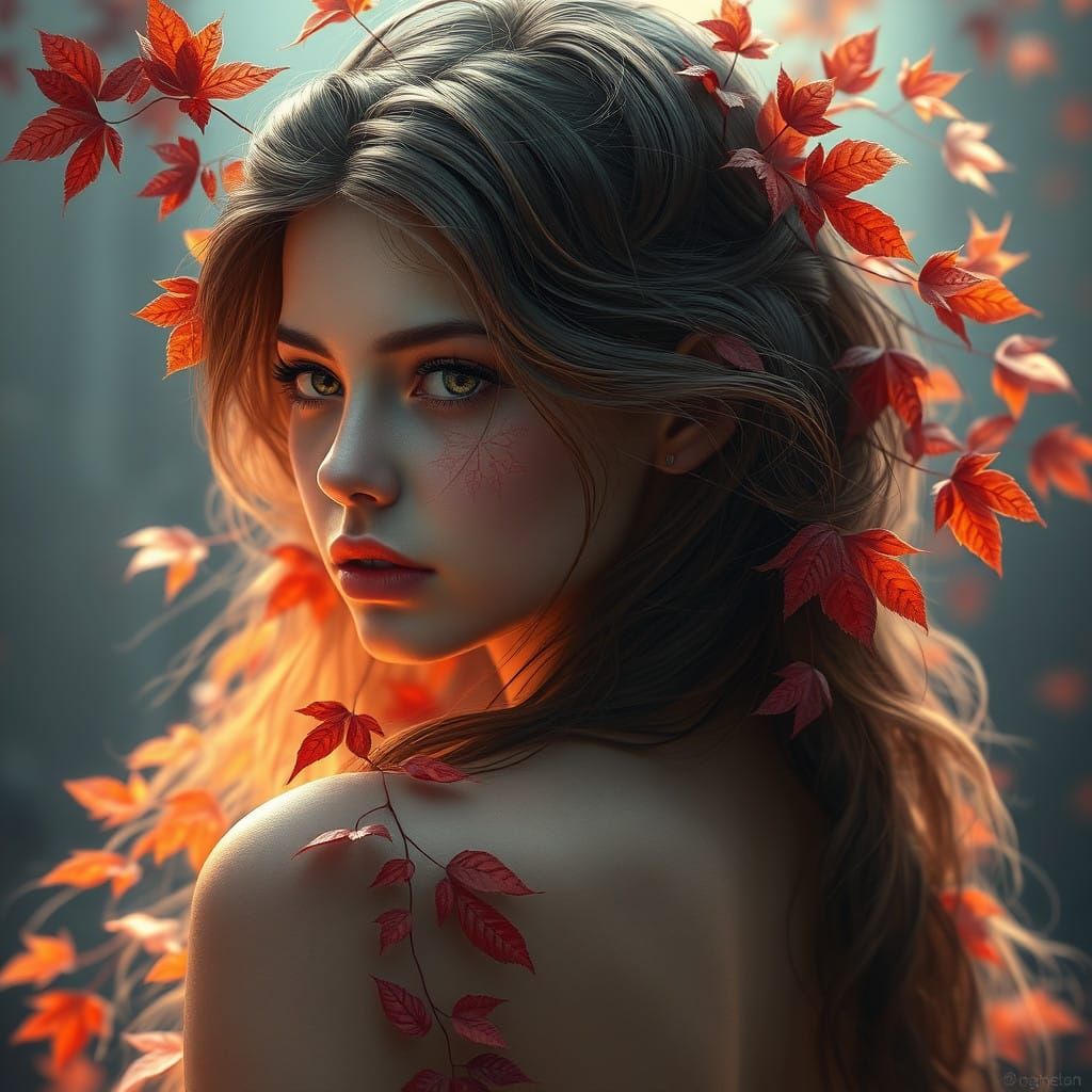 Enchanting Digital Painting of a Woman Transformed into Autu...