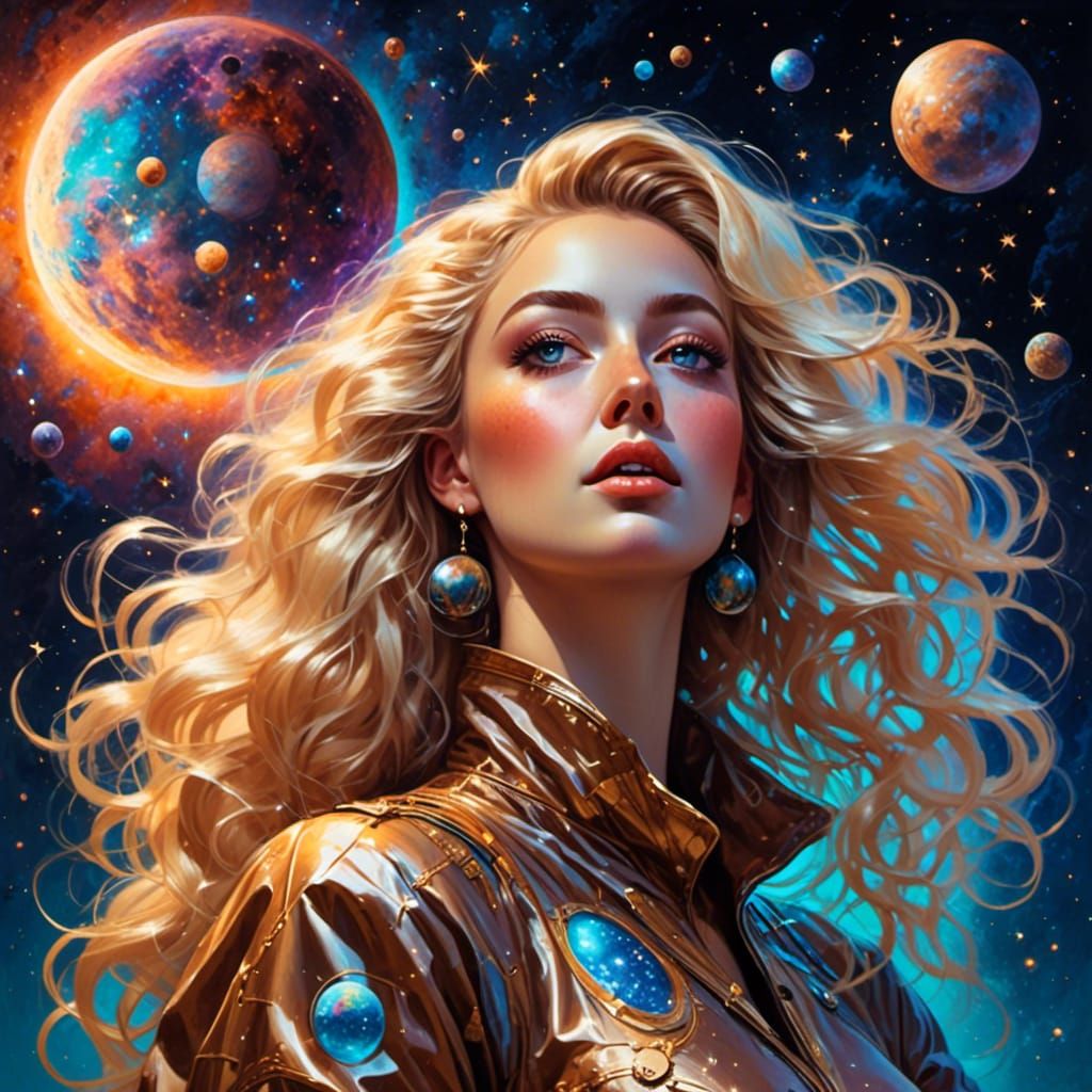 Surreal Steampunk Woman in Cosmic Synthwave Dreamscape