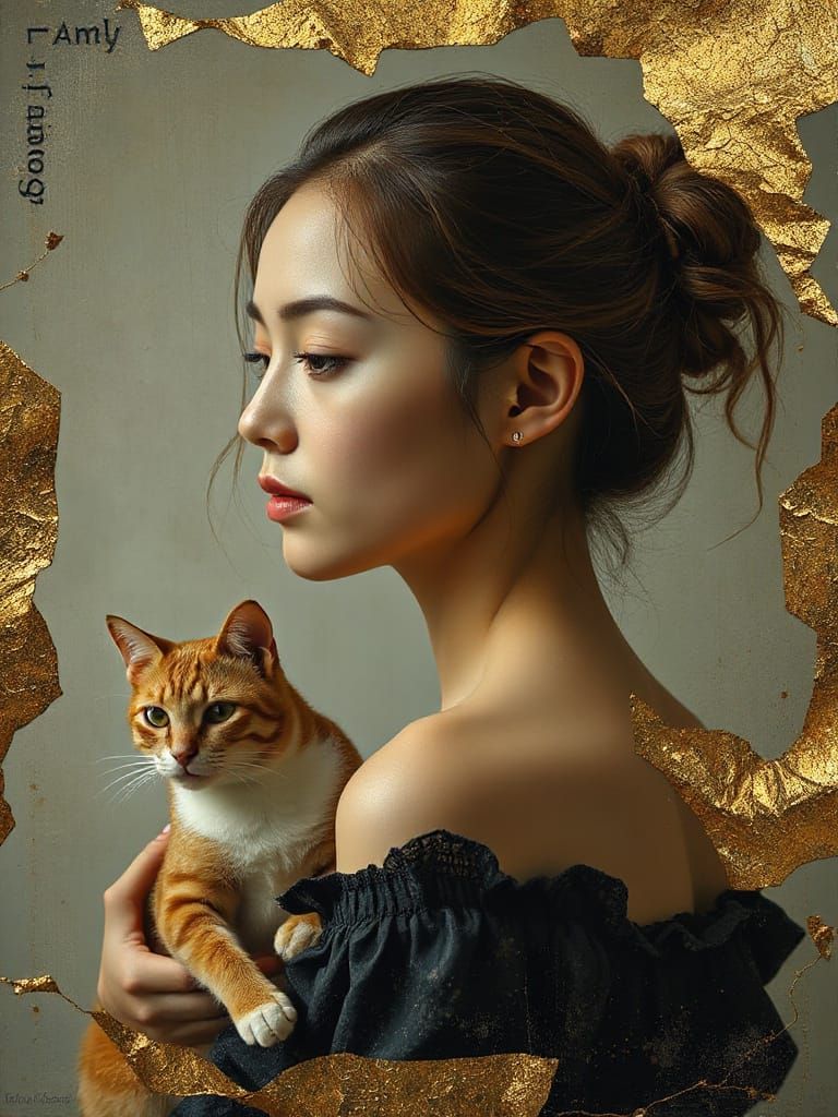 Ethereal Portrait of a Woman with a Golden Cat
