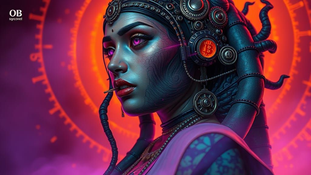 Cyberpunk Goddess of Bitcoin in Vibrant Patina