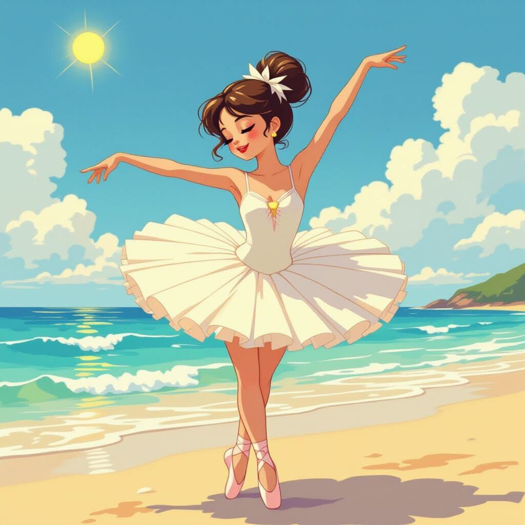 Ballerina Dances on Beach in Whimsical Style