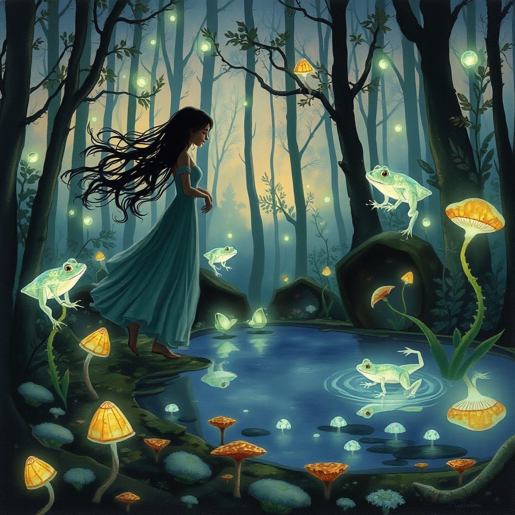 Mystical Forest Twilight With Spectral Frogs