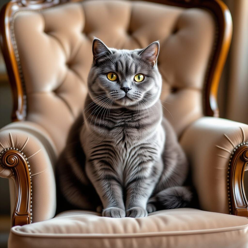 Majestic British Shorthair Cat on Velvet Armchair