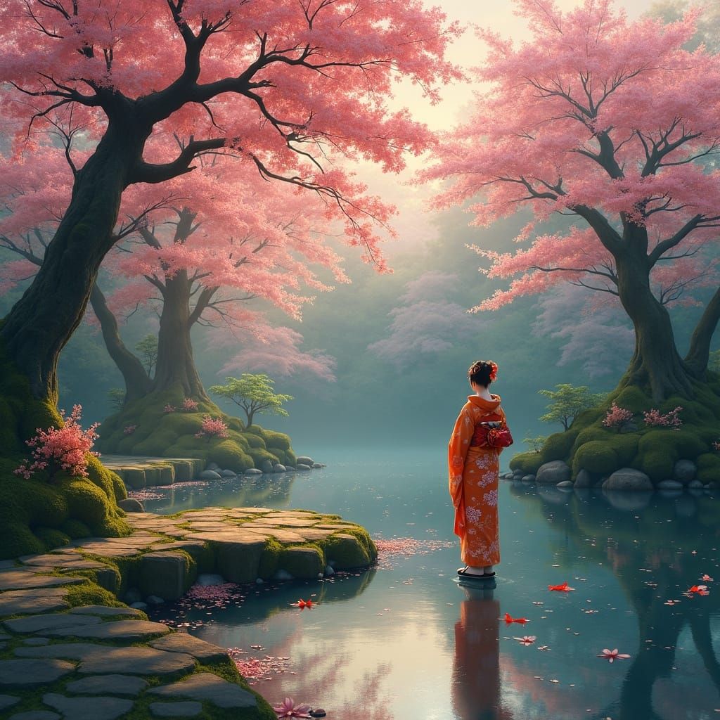 Geisha in Japanese Garden at Dawn, Ukiyo-e Style