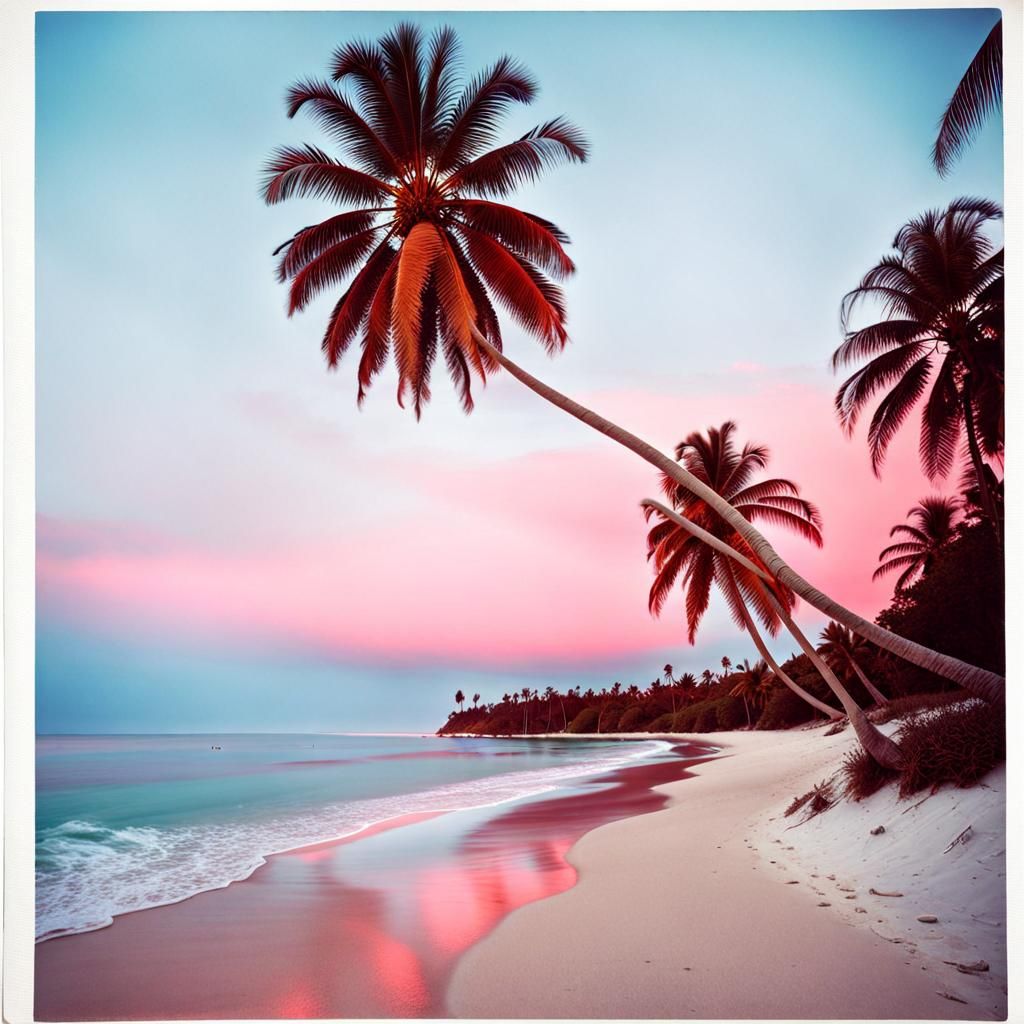 Idyllic Beach at Dawn in Polaroid Style