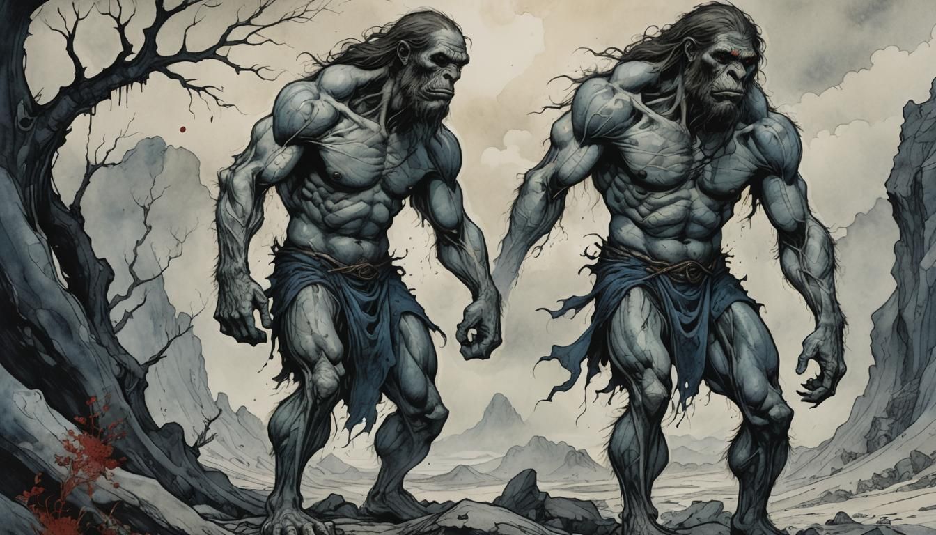 Towering Neanderthal Figure in Barren Landscape as Art Nouve...