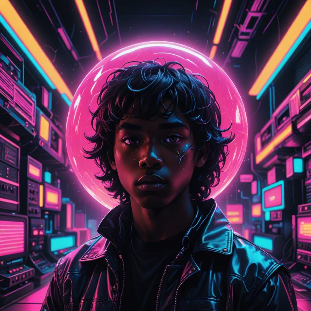 Neon Retro Futuristic Boy Blows Glowing Bubblegum Bell