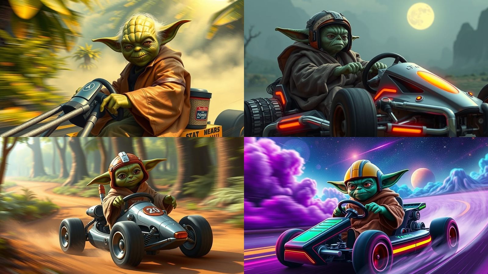 Yoda driving a go kart