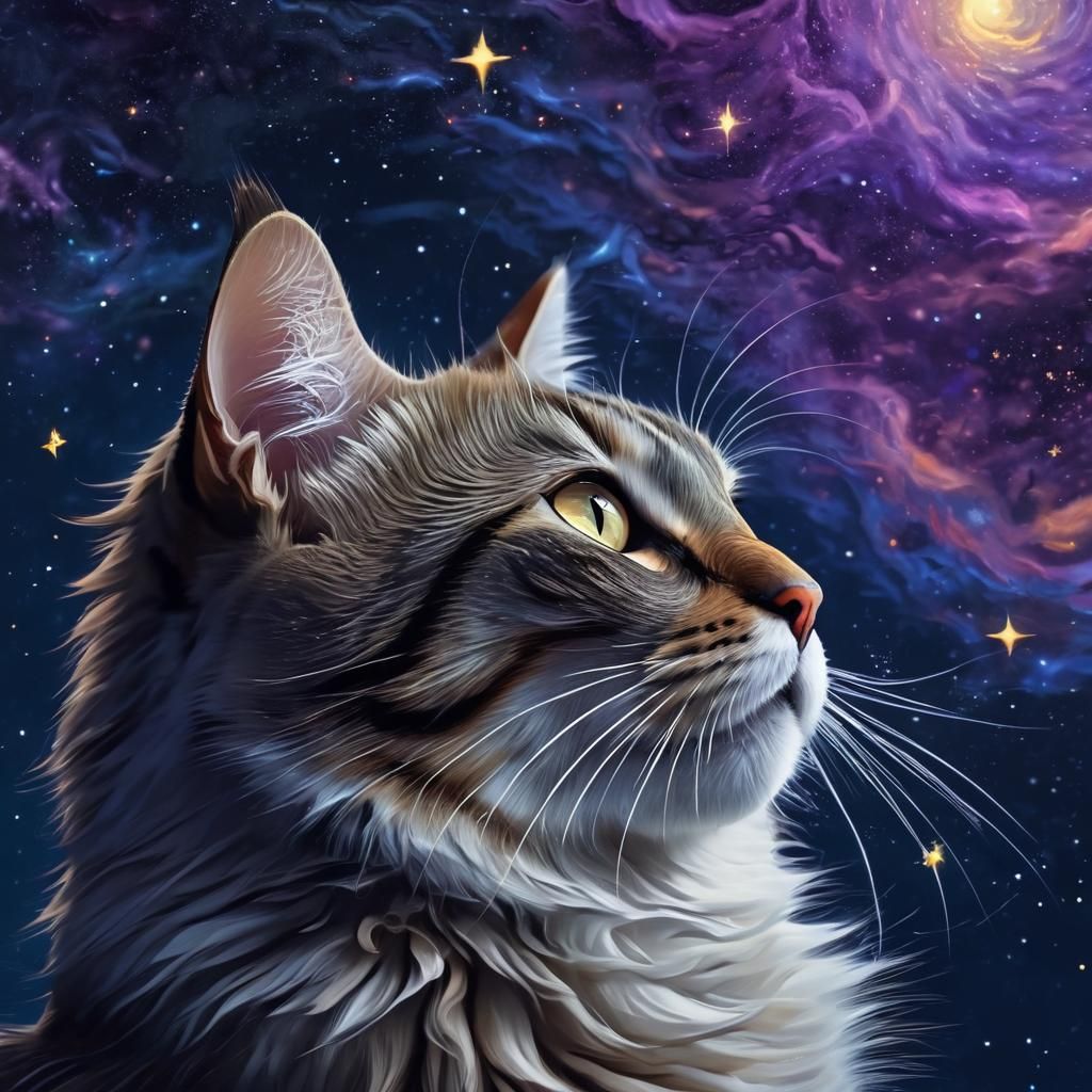 Magical Cat Plays with Stars in Starry Night
