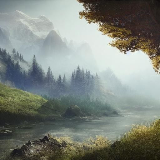 Serene Mountain Landscape with Ink Splashes