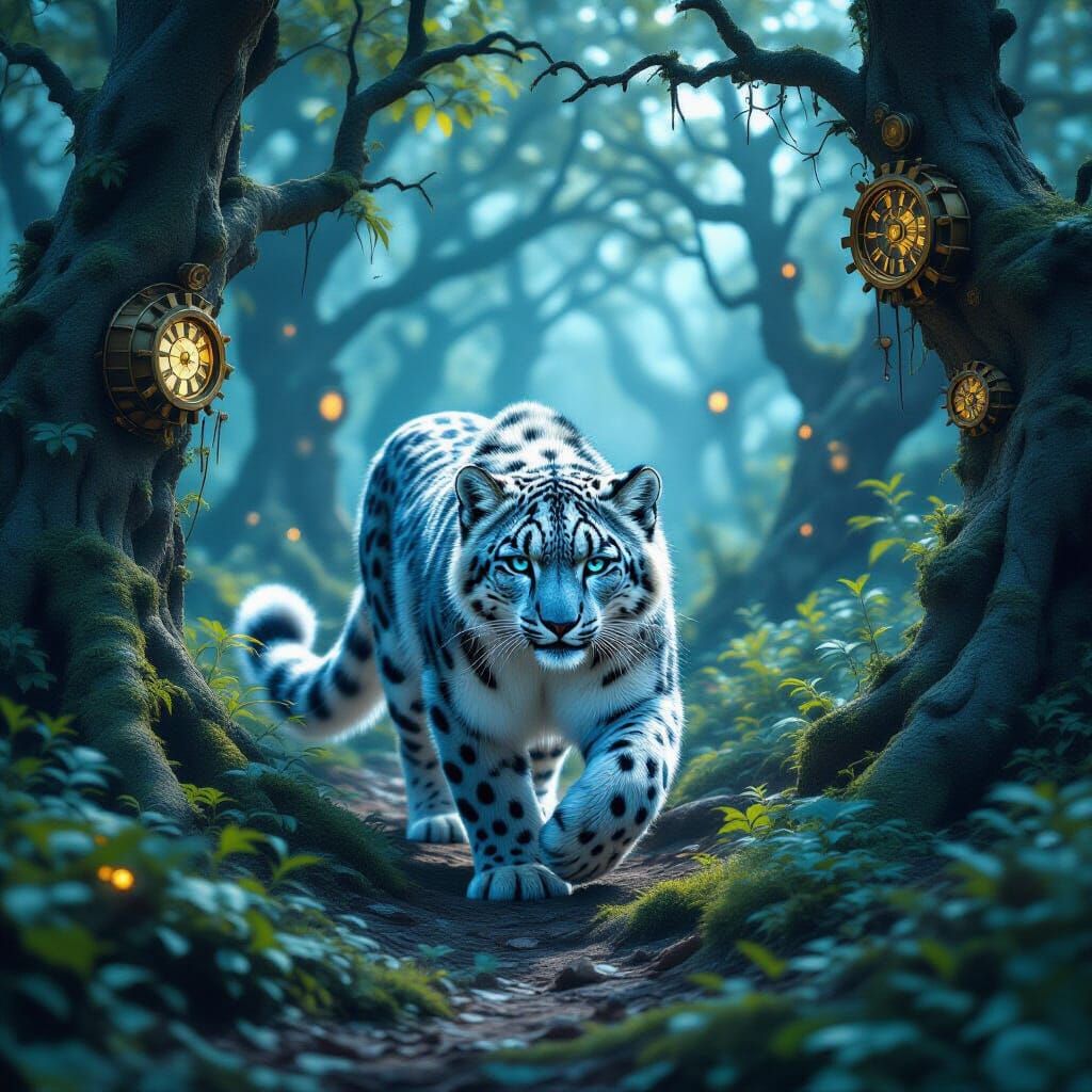 Cosmic Snow Leopard in Clockwork Forest