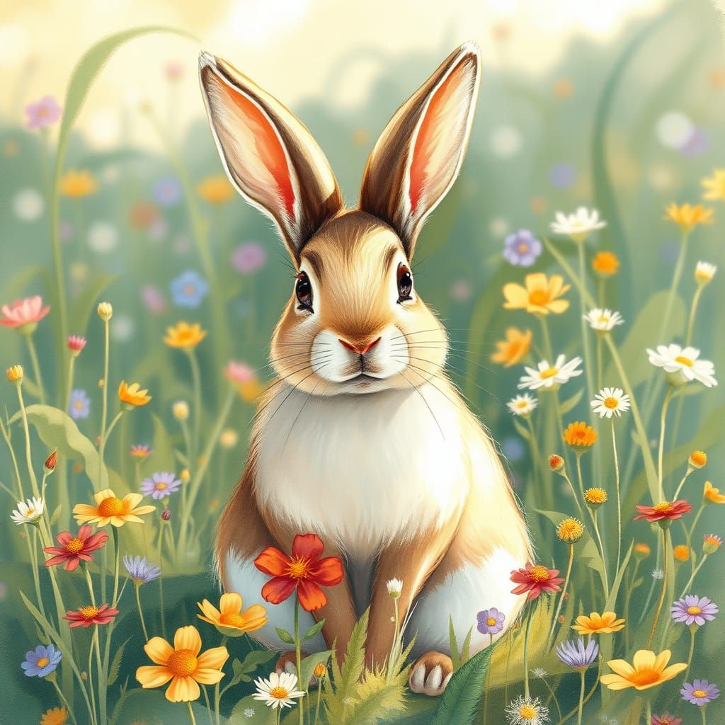 Whimsical Watercolor Rabbit in a Lush Meadow