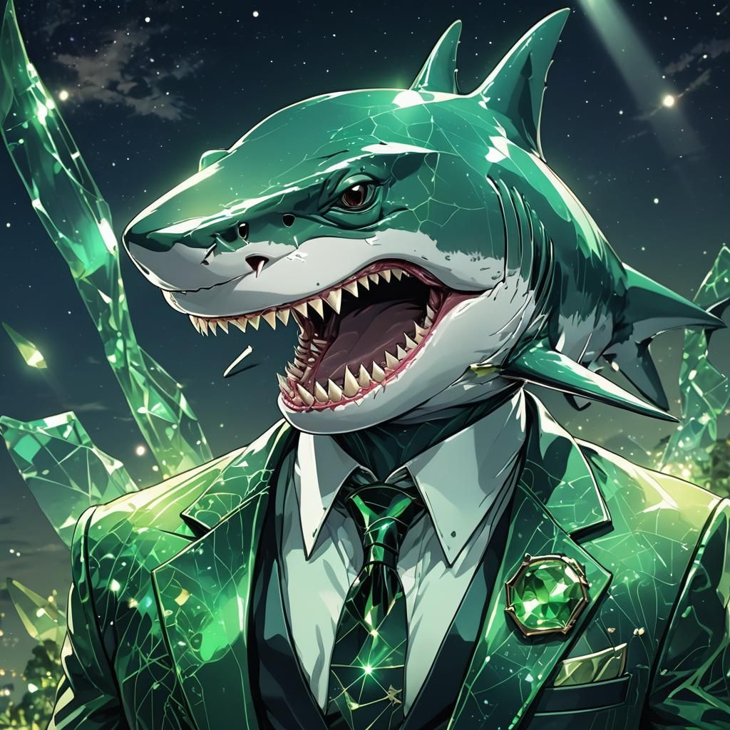 Shark in Green Tuxedo With Glass Jewelry