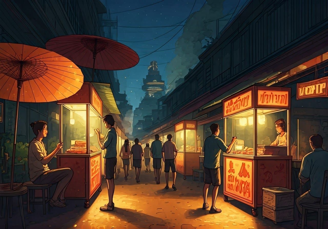 Thailand Street Food Scene in Vibrant Illustration