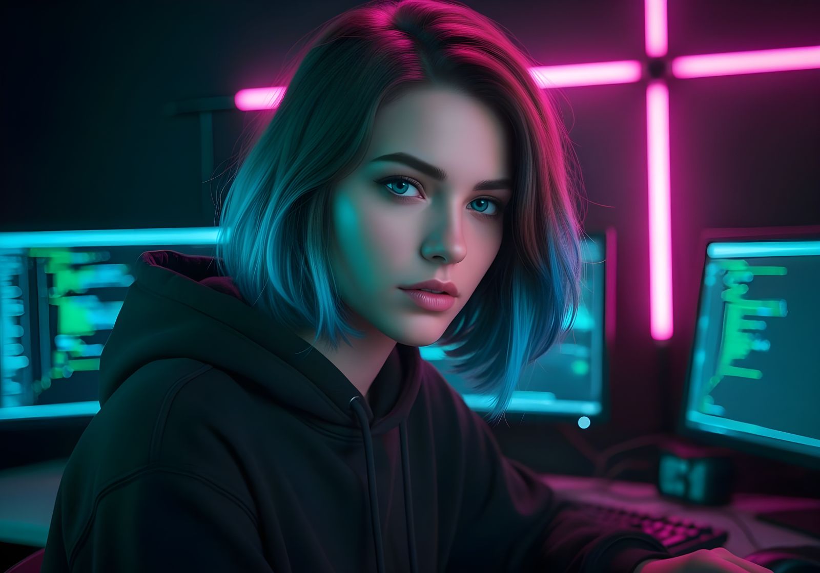 Cyberpunk Coder Portrait in Neon Noir Style