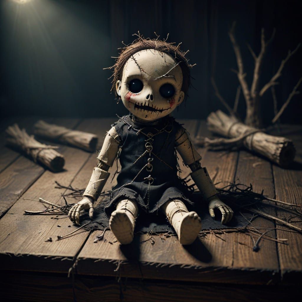 Torn Voodoo Doll on Table, Dark Fantasy Illustration