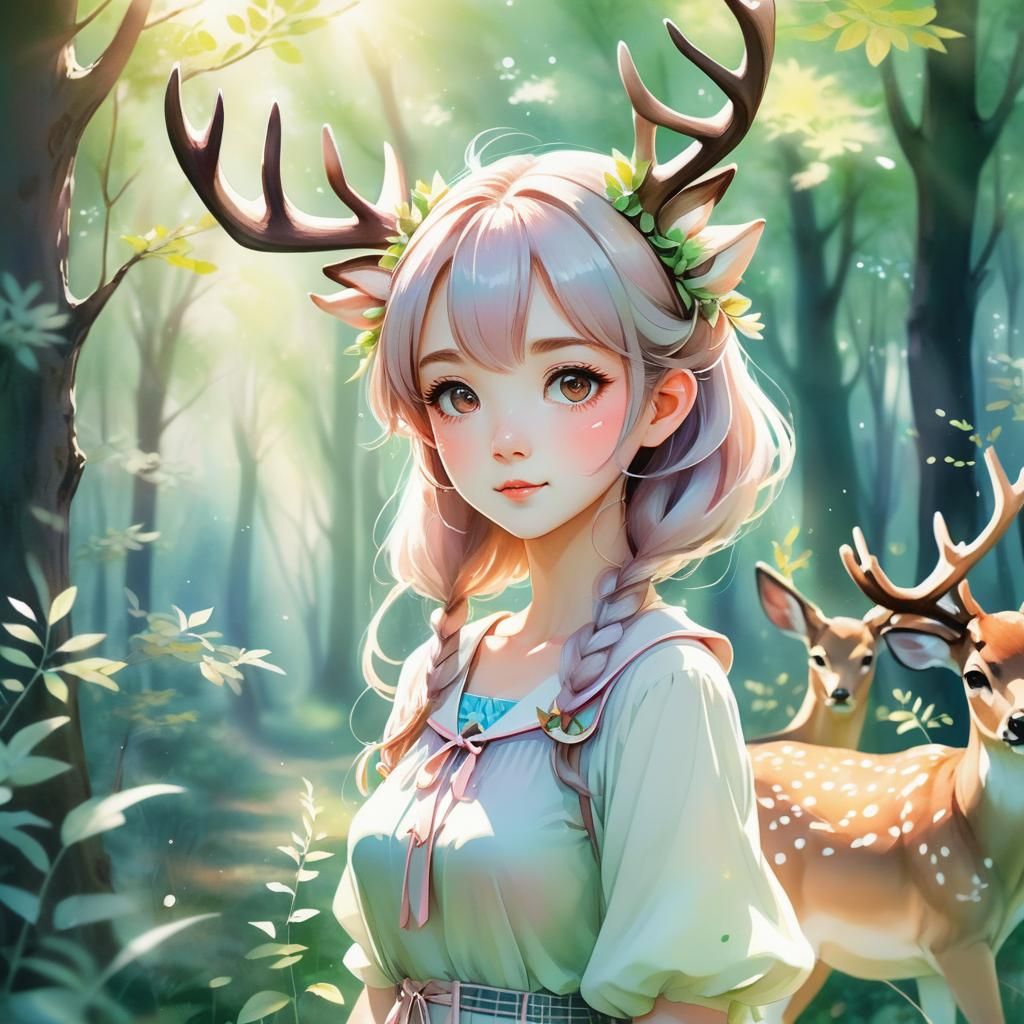 Anime Girl with Deer Antlers in Lush Forest
