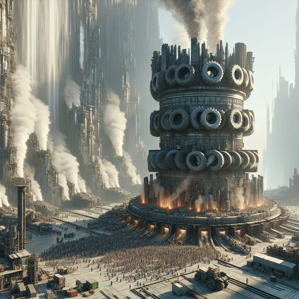 Giant Tire-Fueled Smoking Device in Fantasy Matte Painting
