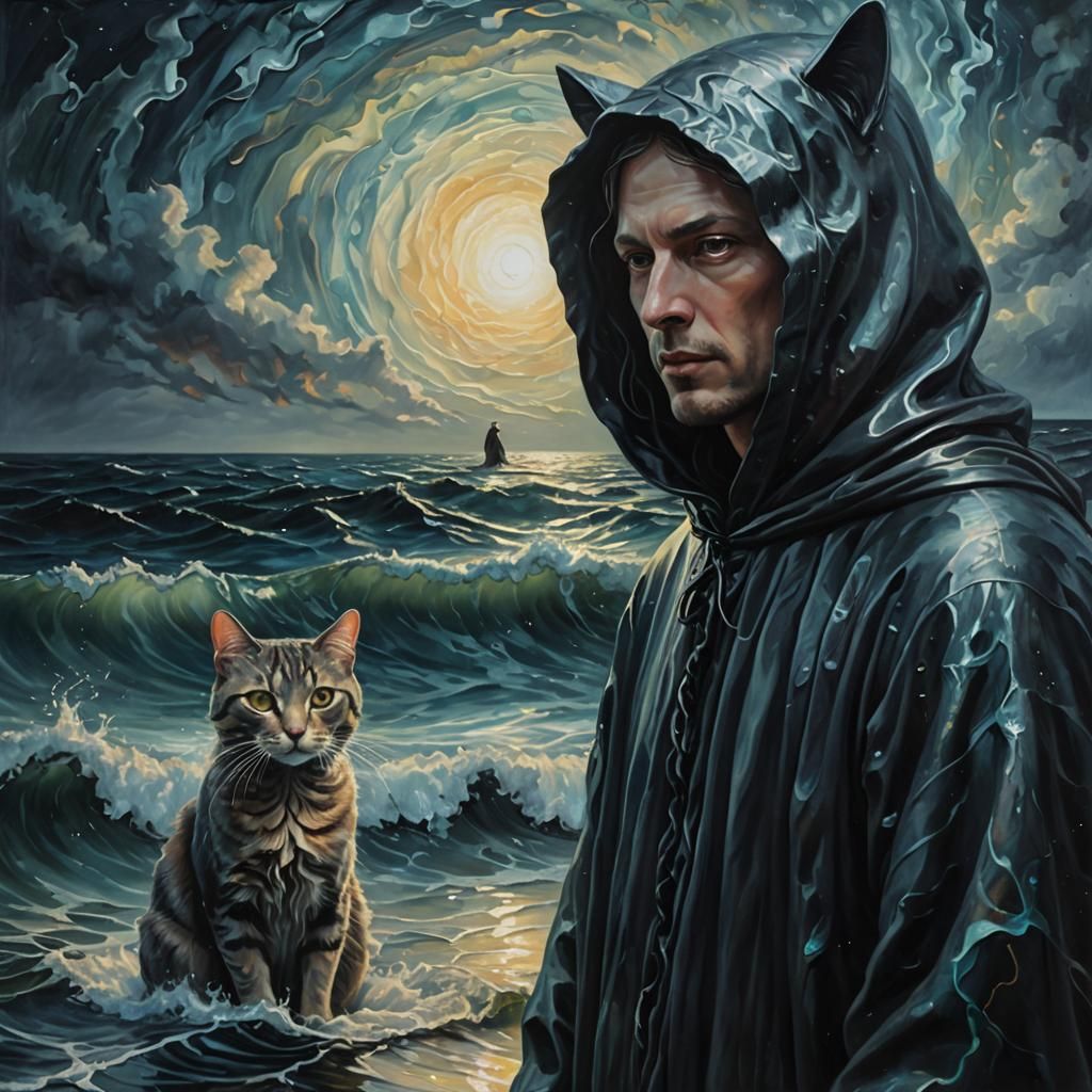 Mystical Figure with Ethereal Cat in Surrealist Oil Painting
