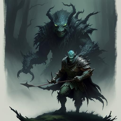 Grung Archer in Misty Forest: Dark Fantasy Illustration