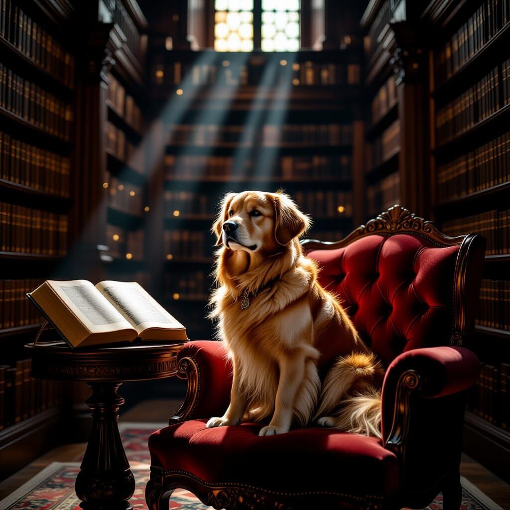 Golden Retriever in Ancient Library with Dusty Books