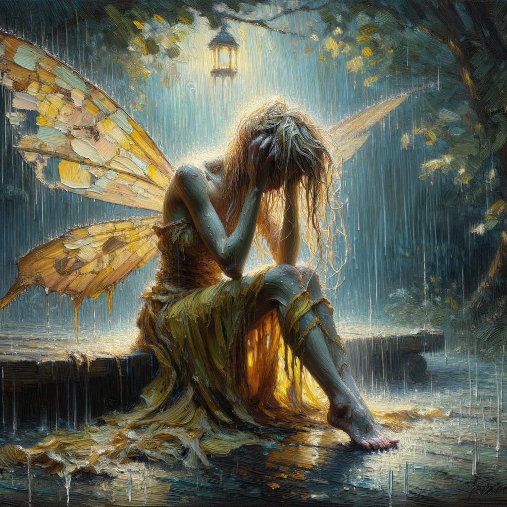 Distressed Fairy in Night Rain Impasto Oil Painting