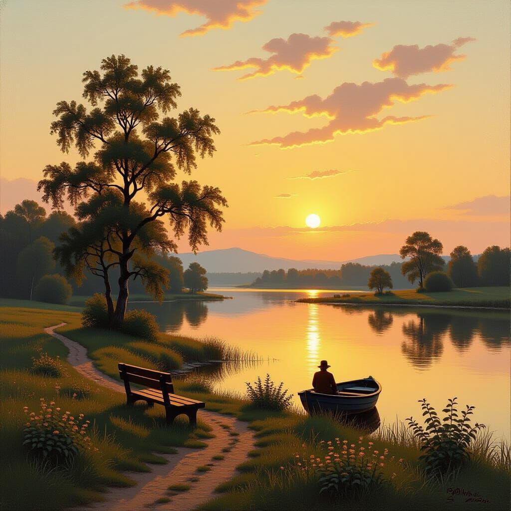Romantic Landscape Painting with Golden Light