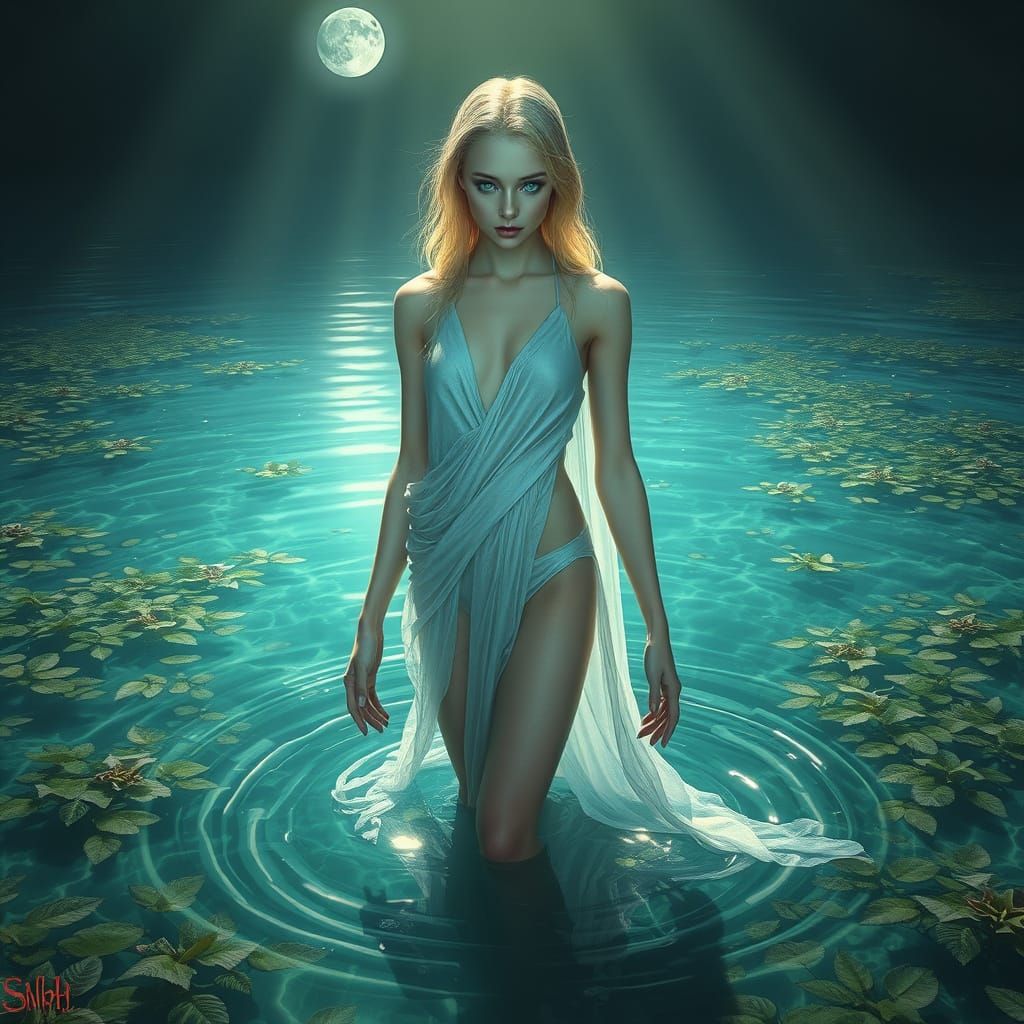 Ethereal Lake Goddess in Iridescent Attire