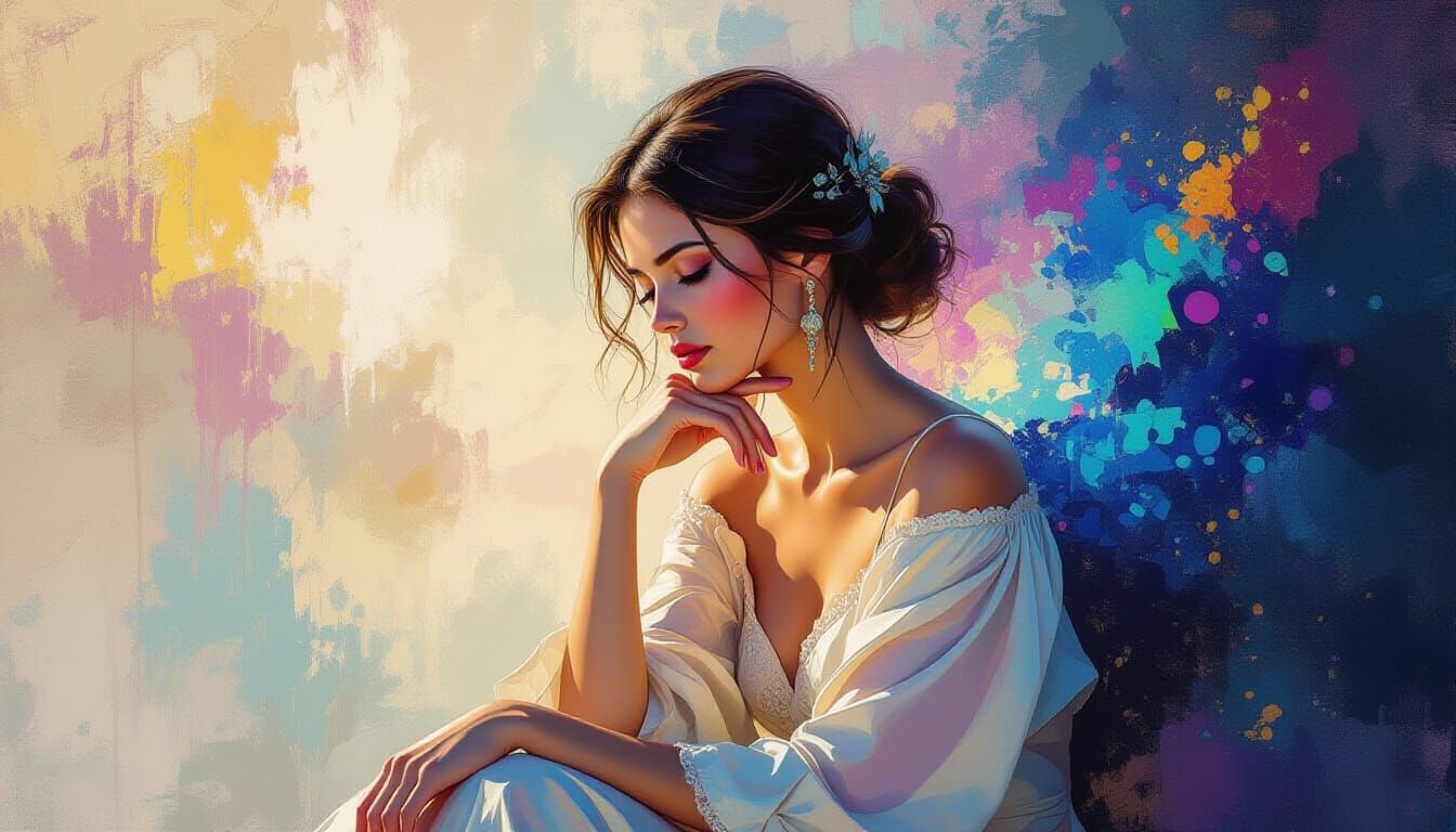 Contemplative Woman in Hyperrealistic Digital Splash Art