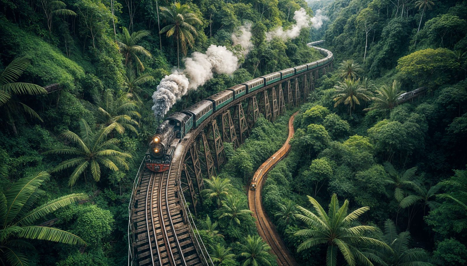 Train Journey Through Vivid Green Jungle