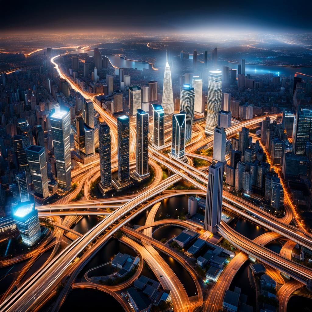 A modern city with light trails