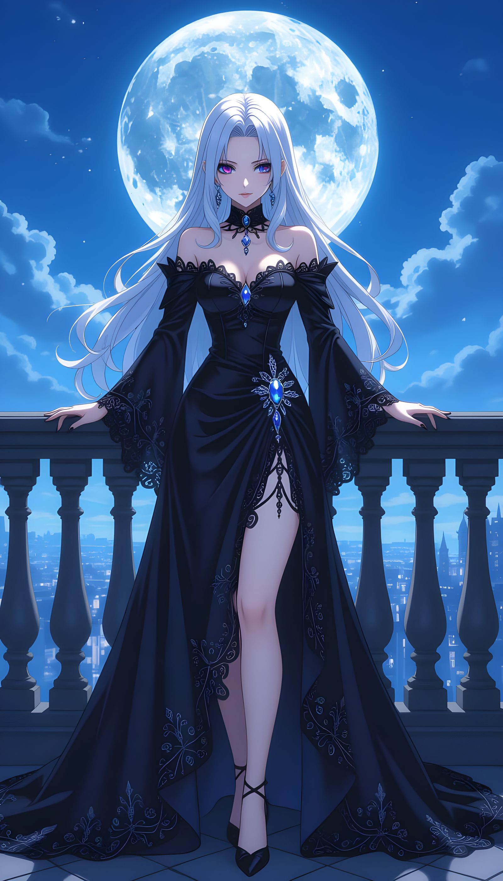 Ethereal Vampire Princess with Silver Hair, in Anime Style