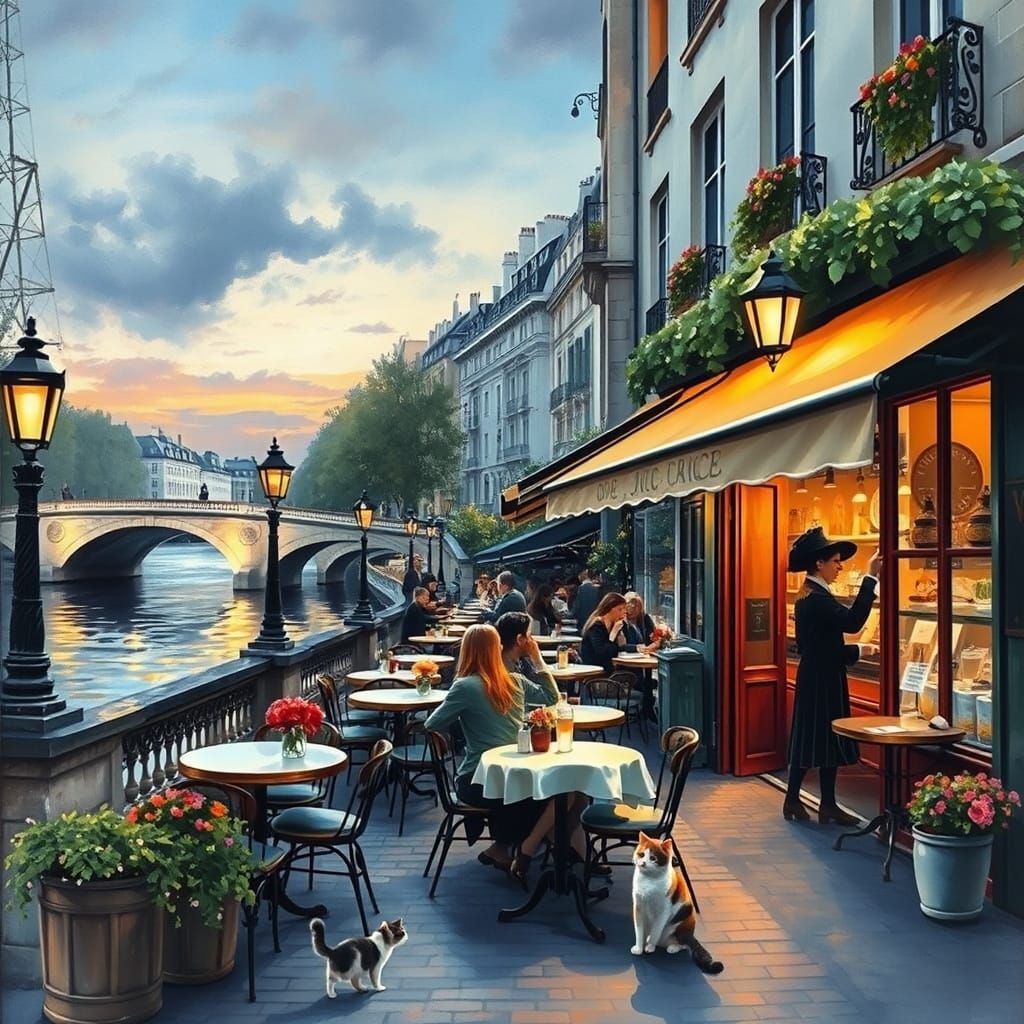 Parisian Cafe Scene by the Seine at Twilight