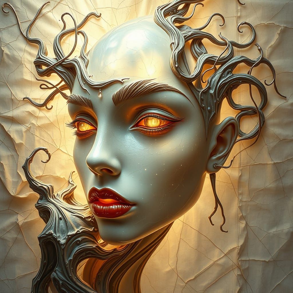 Surreal Liquid Moonstone Face in Art Nouveau Style