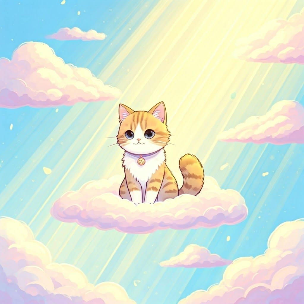 Kawaii Cat in Heavenly Cloudscape: Digital Art