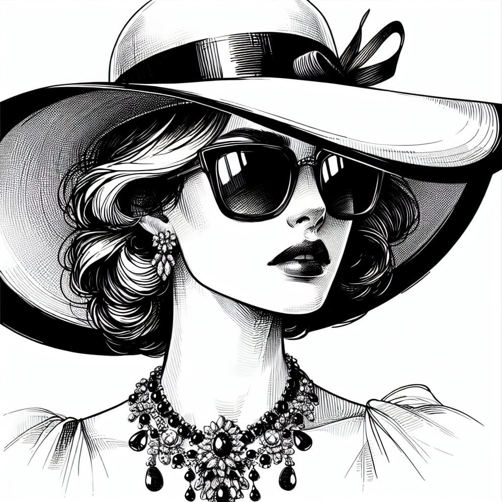 Elegant Woman in Hat: Black and White Illustration